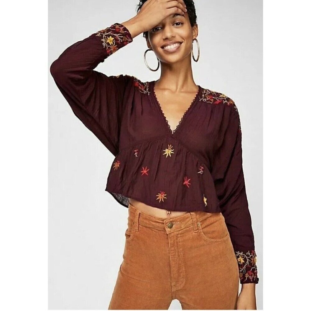 Free People Ava Embroidered Blouse Pullover Floral Shirt Burgundy Boho Small C1